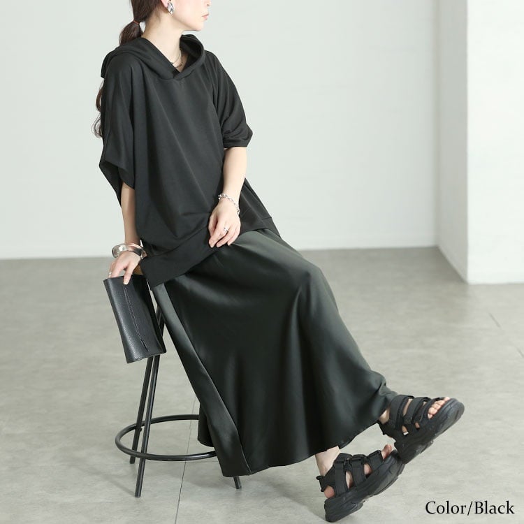 大きいサイズ レディース ドルマンパーカードッキングワンピース ブラック