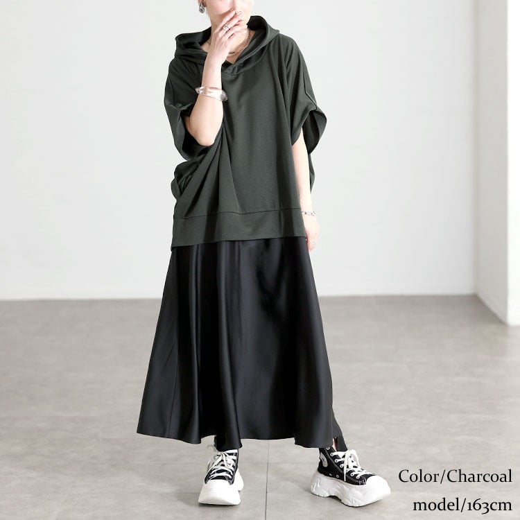 大きいサイズ レディース ドルマンパーカードッキングワンピース チャコール