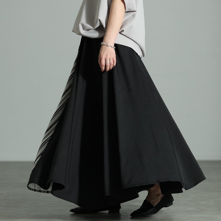 大きいサイズ レディース ストライプ切り替え変形フレアスカート