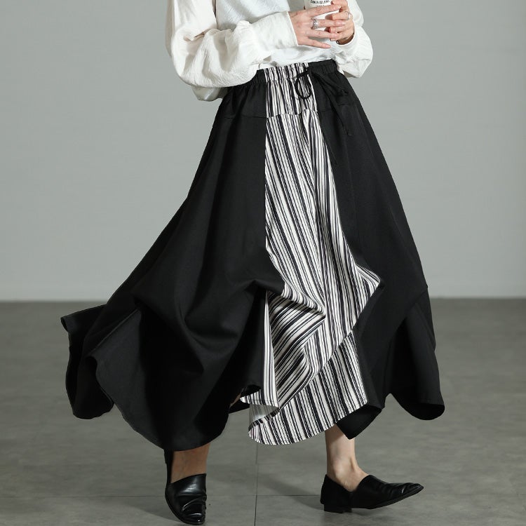 大きいサイズ レディース ストライプ切り替え変形フレアスカート