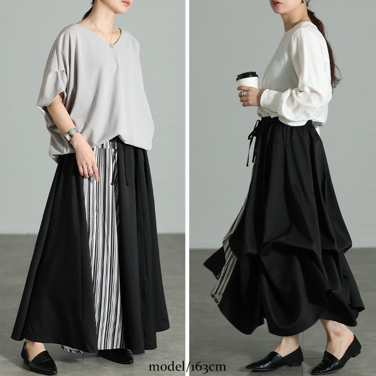 大きいサイズ レディース ストライプ切り替え変形フレアスカート