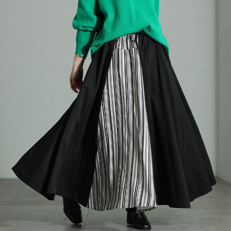 大きいサイズ レディース ストライプ切り替え変形フレアスカート