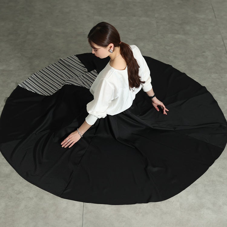 大きいサイズ レディース ストライプ切り替え変形フレアスカート