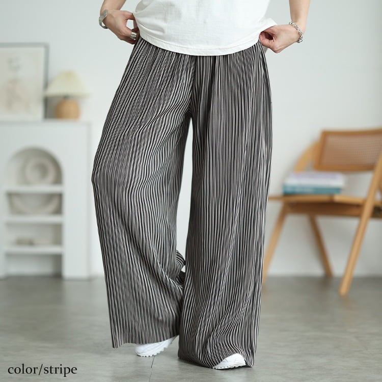 大きいサイズ レディース 花柄＆ストライプ柄プリーツワイドパンツ