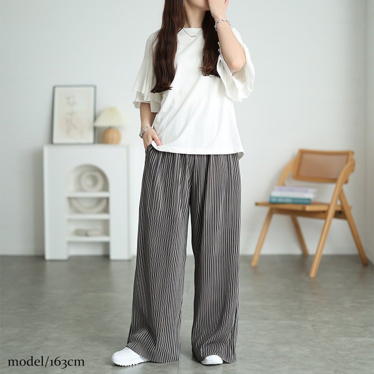 大きいサイズ レディース 花柄＆ストライプ柄プリーツワイドパンツ