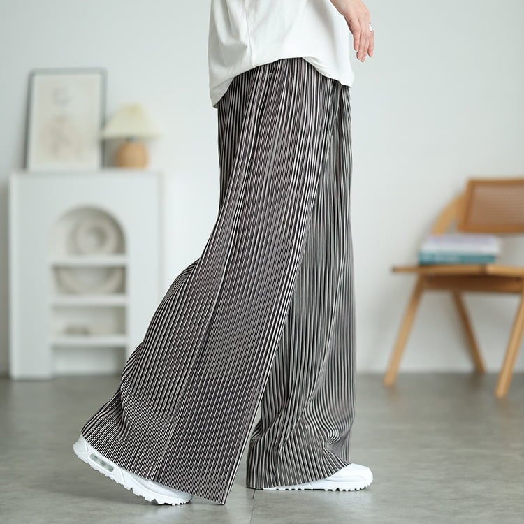 大きいサイズ レディース 花柄＆ストライプ柄プリーツワイドパンツ