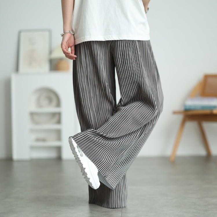 大きいサイズ レディース 花柄＆ストライプ柄プリーツワイドパンツ