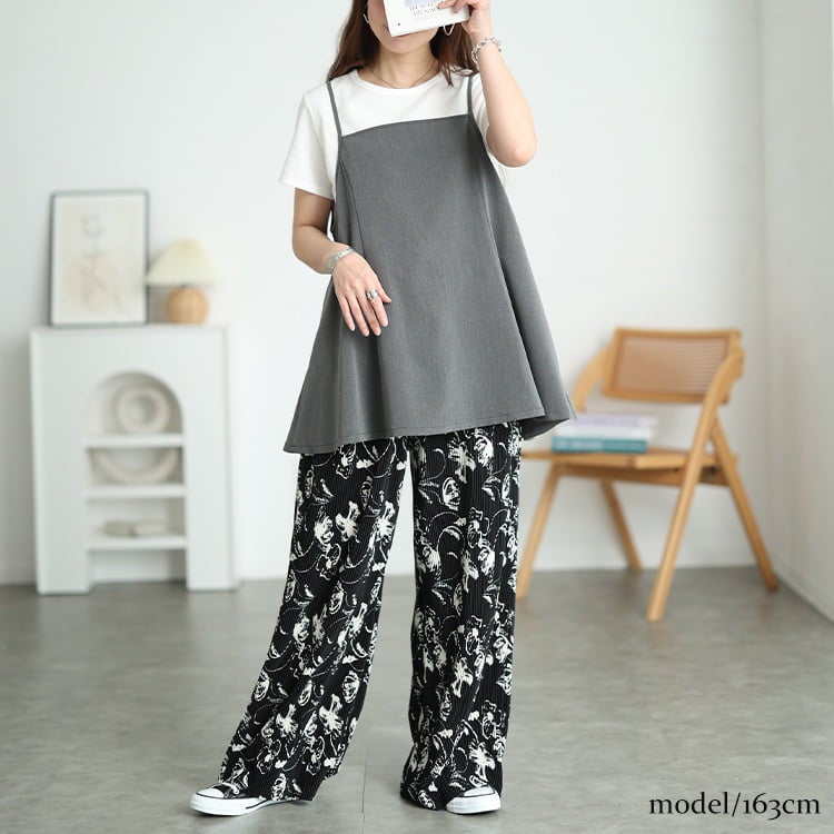 大きいサイズ レディース 花柄＆ストライプ柄プリーツワイドパンツ