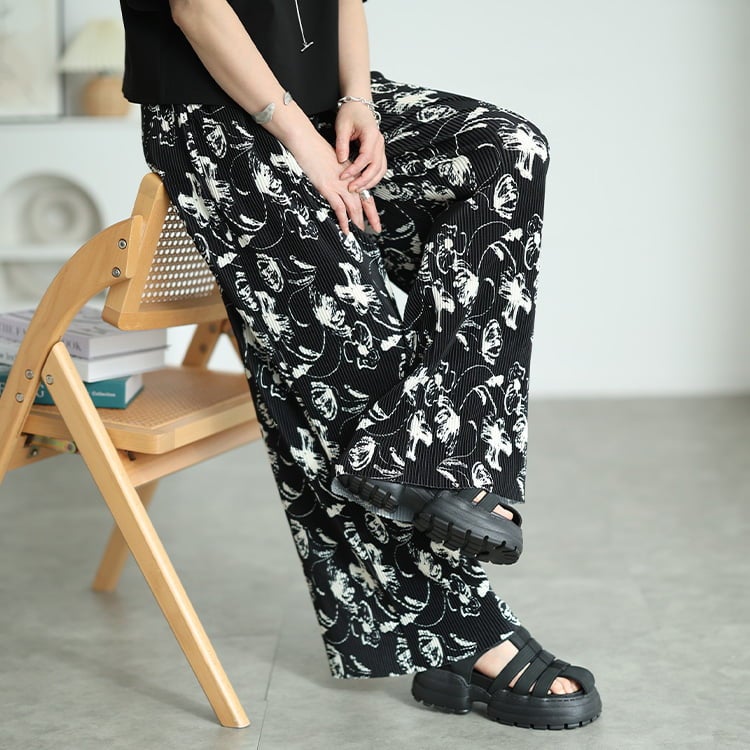 大きいサイズ レディース 花柄＆ストライプ柄プリーツワイドパンツ