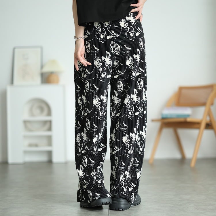 大きいサイズ レディース 花柄＆ストライプ柄プリーツワイドパンツ