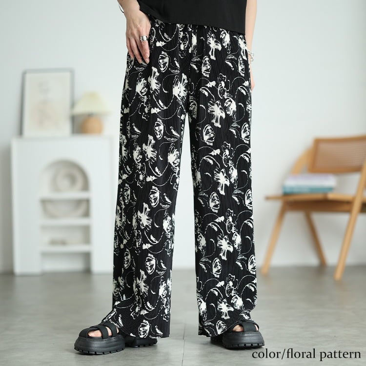 大きいサイズ レディース 花柄＆ストライプ柄プリーツワイドパンツ 花柄