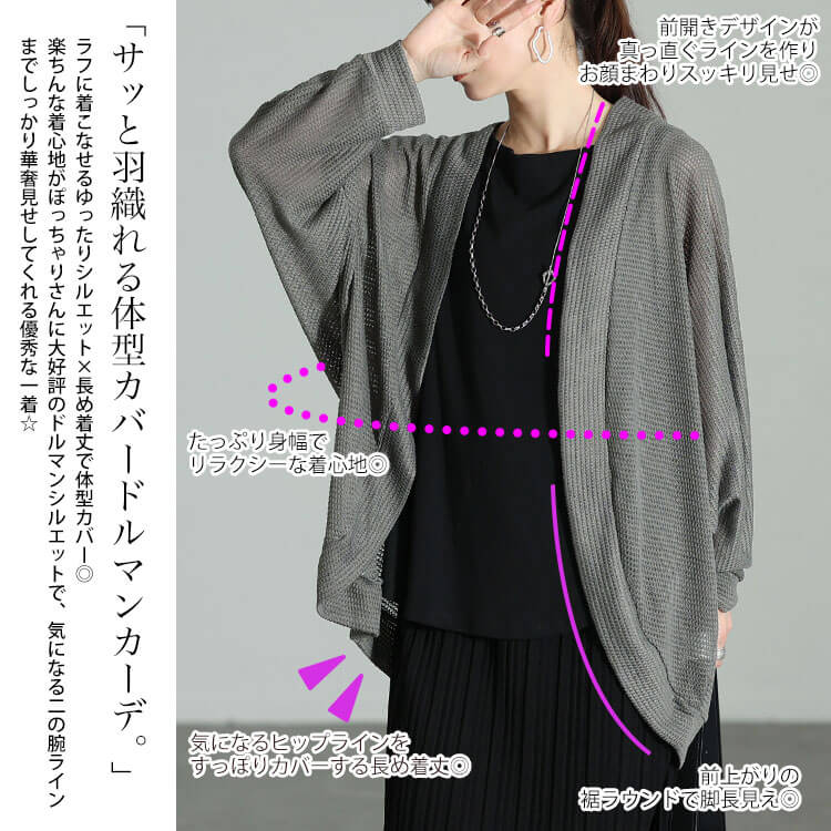 大きいサイズ レディース 透かし編みドルマンカーディガン