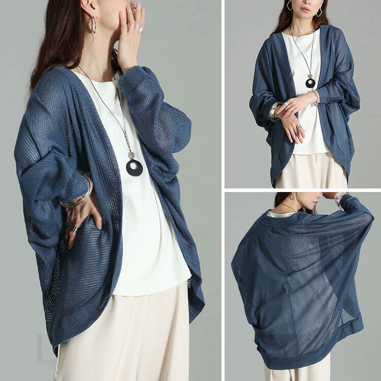 大きいサイズ レディース 透かし編みドルマンカーディガン