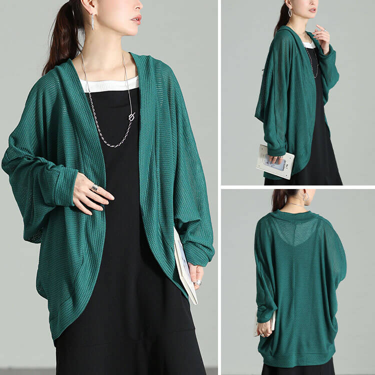 大きいサイズ レディース 透かし編みドルマンカーディガン