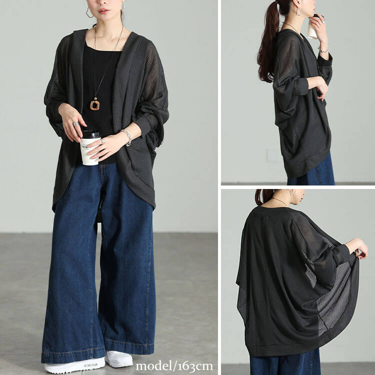 大きいサイズ レディース 透かし編みドルマンカーディガン