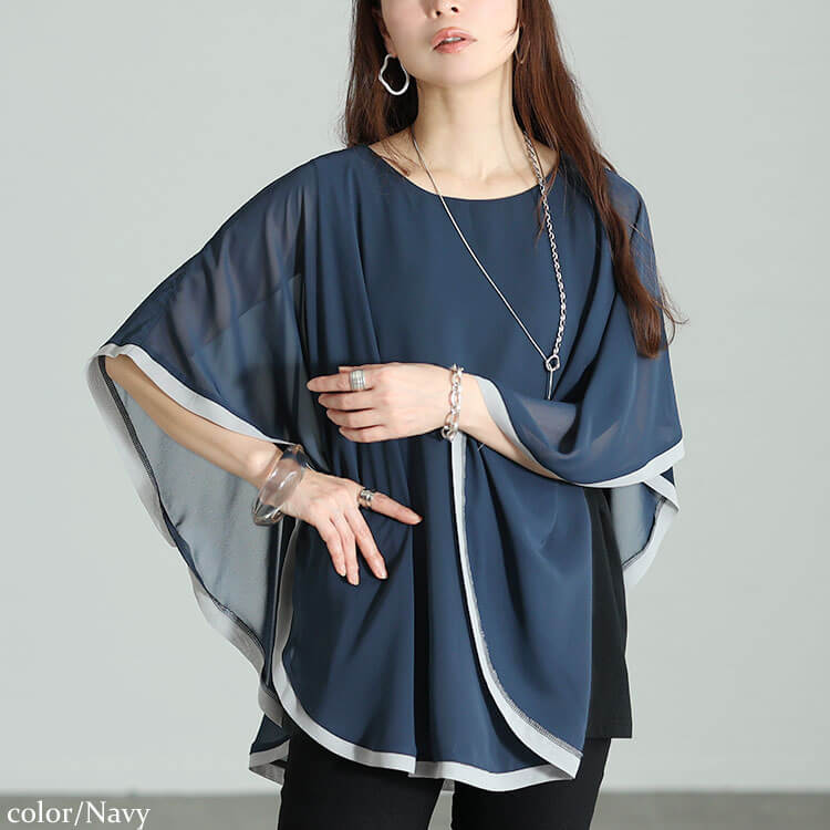 大きいサイズ レディース パイピングシフォンフェイクプルオーバー