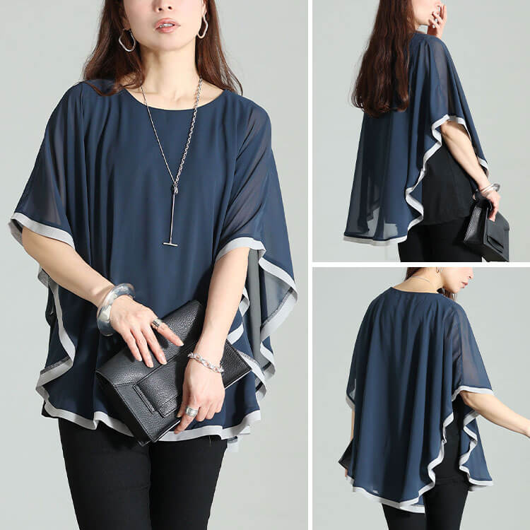 大きいサイズ レディース パイピングシフォンフェイクプルオーバー