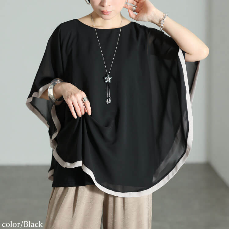 大きいサイズ レディース パイピングシフォンフェイクプルオーバー