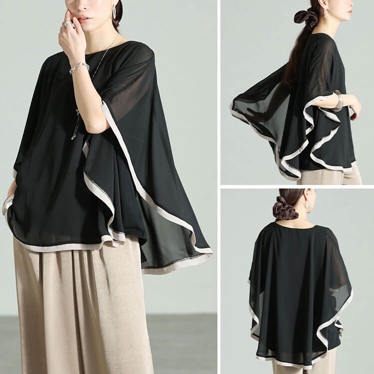 大きいサイズ レディース パイピングシフォンフェイクプルオーバー