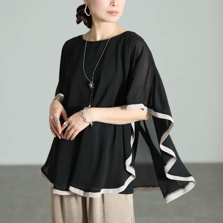 大きいサイズ レディース パイピングシフォンフェイクプルオーバー