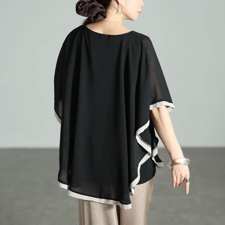 大きいサイズ レディース パイピングシフォンフェイクプルオーバー