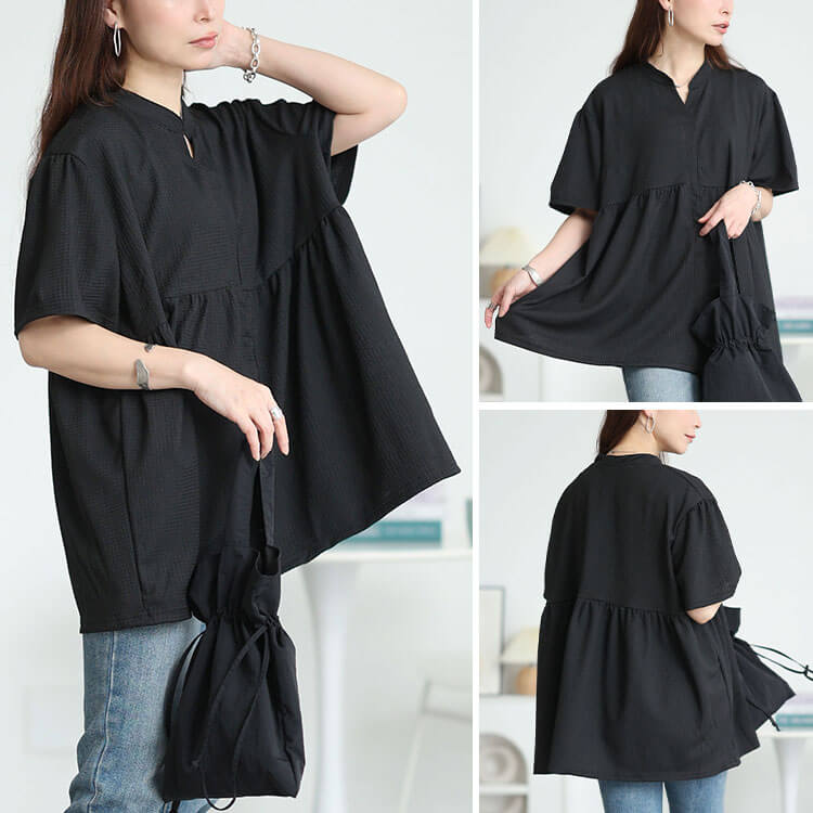 大きいサイズ レディース 楊柳キーネックペプラムプルオーバー