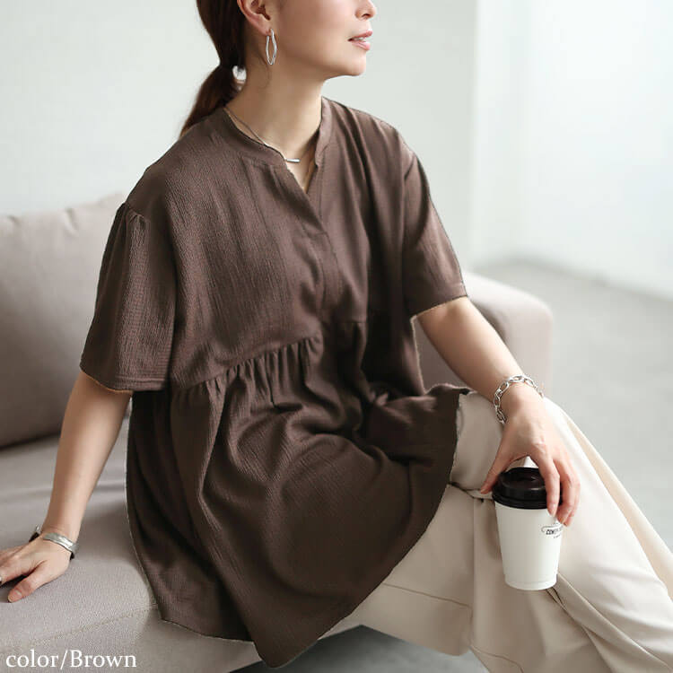 大きいサイズ レディース 楊柳キーネックペプラムプルオーバー