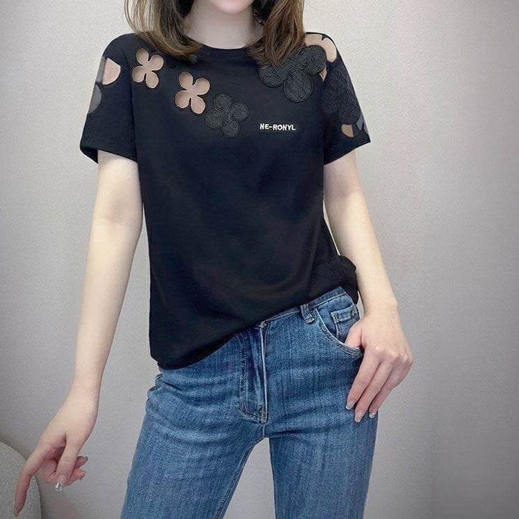 大きいサイズ レディース フラワーシアーモチーフTシャツ