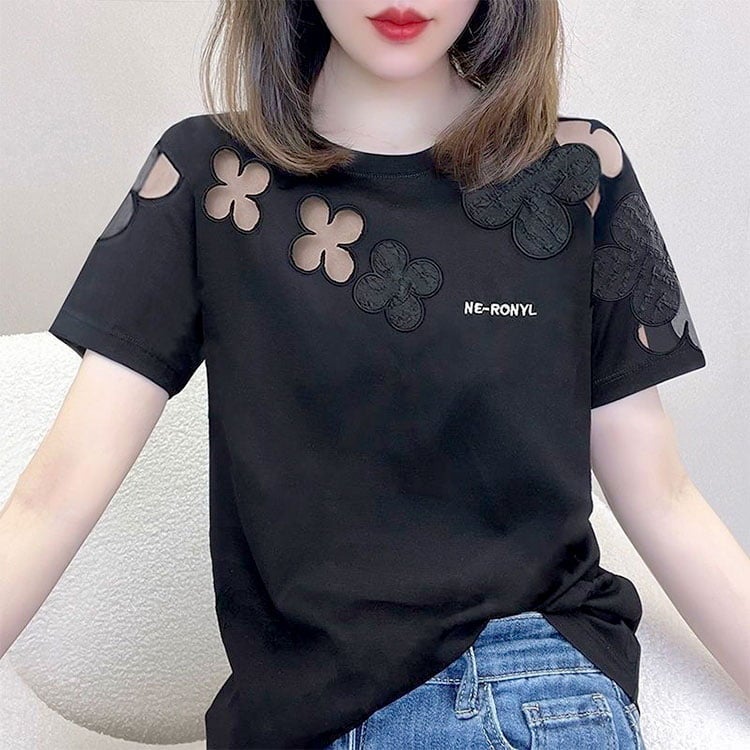 大きいサイズ レディース フラワーシアーモチーフTシャツ