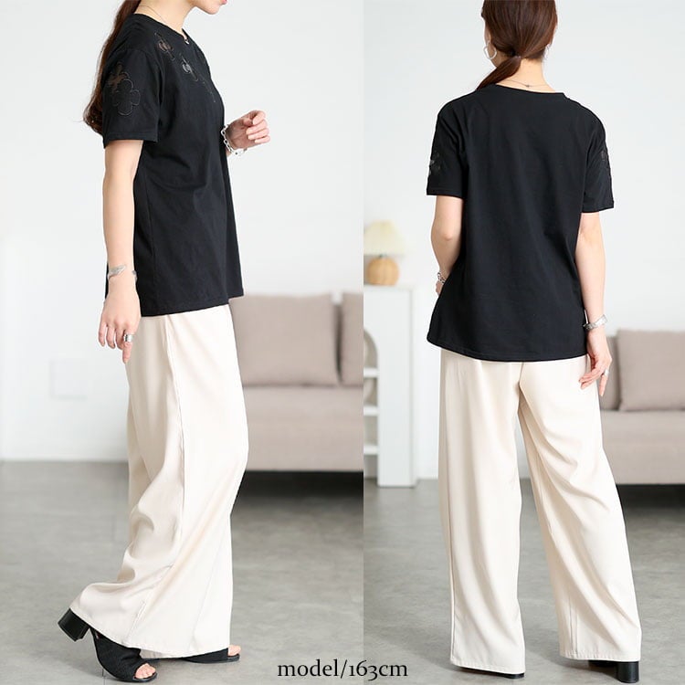 大きいサイズ レディース フラワーシアーモチーフTシャツ