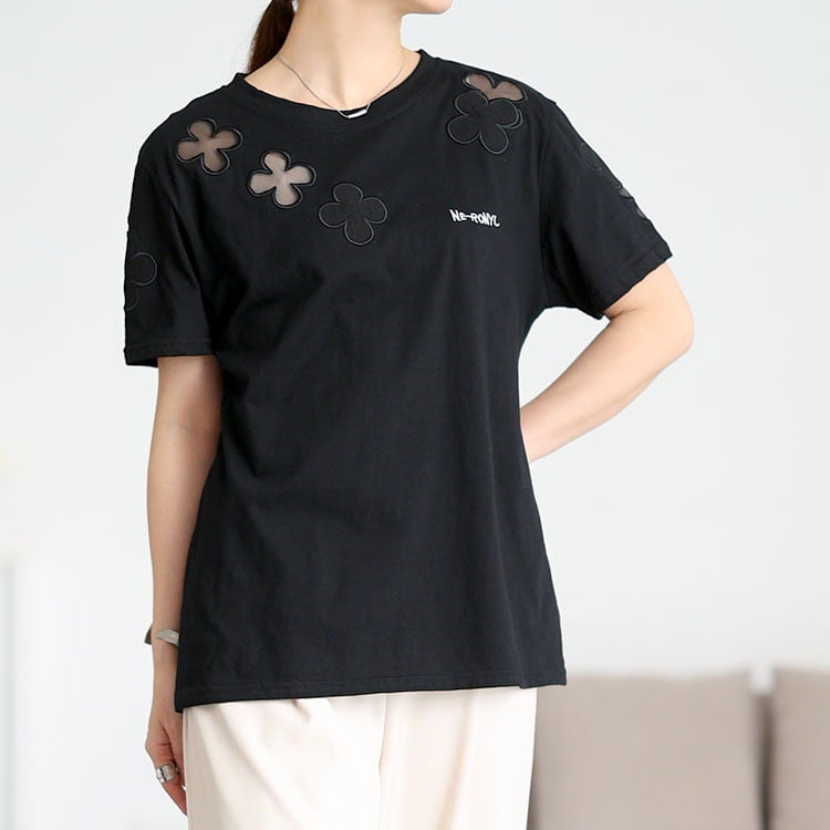 大きいサイズ レディース フラワーシアーモチーフTシャツ goldy-1843