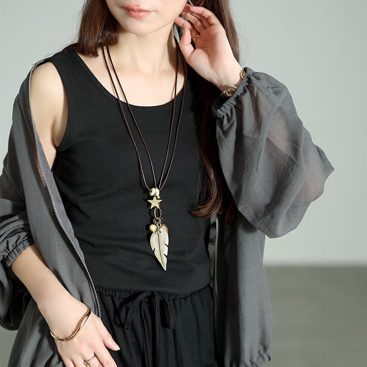 大きいサイズ レディース アンティークフェザーモチーフ2連コードネックレス