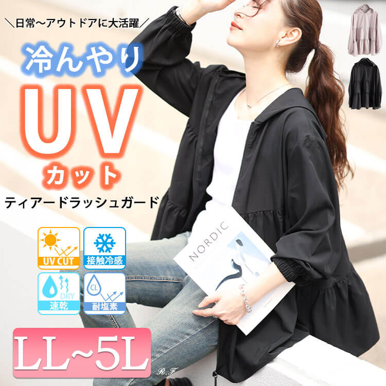 大きいサイズ レディース 接触冷感＆UVカット＆耐塩素ティアードラッシュガード