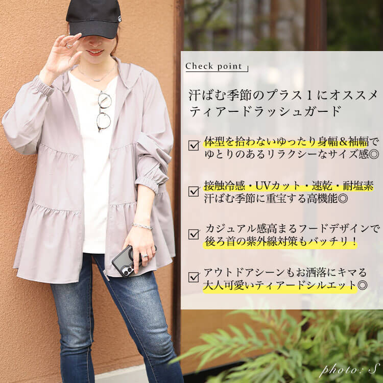 大きいサイズ レディース 接触冷感＆UVカット＆耐塩素ティアードラッシュガード