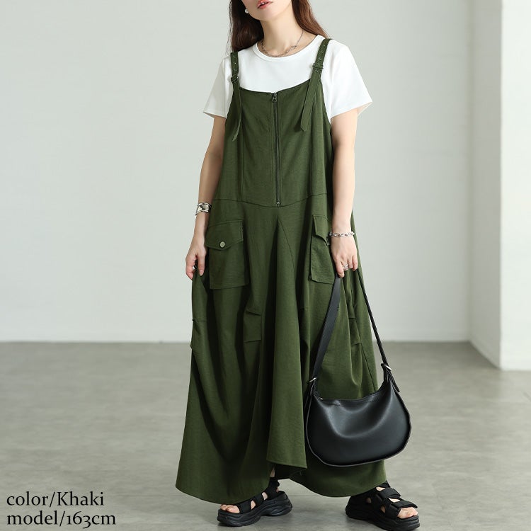 大きいサイズ レディース ハーフZIP肩ベルトサロペットワンピース