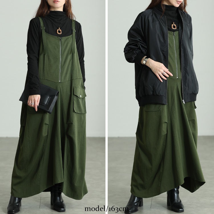 大きいサイズ レディース ハーフZIP肩ベルトサロペットワンピース