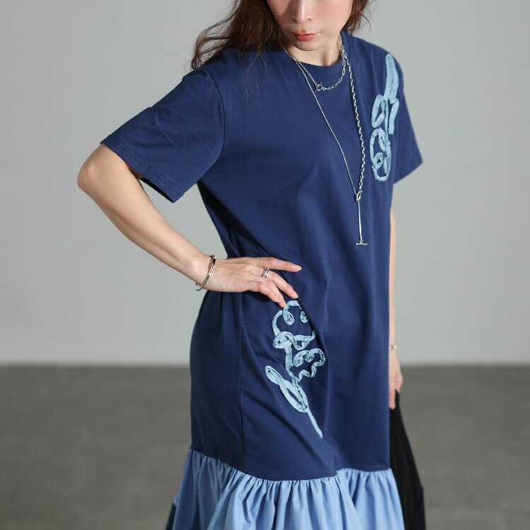 大きいサイズ レディース ラメコード刺繍ティアードワンピース