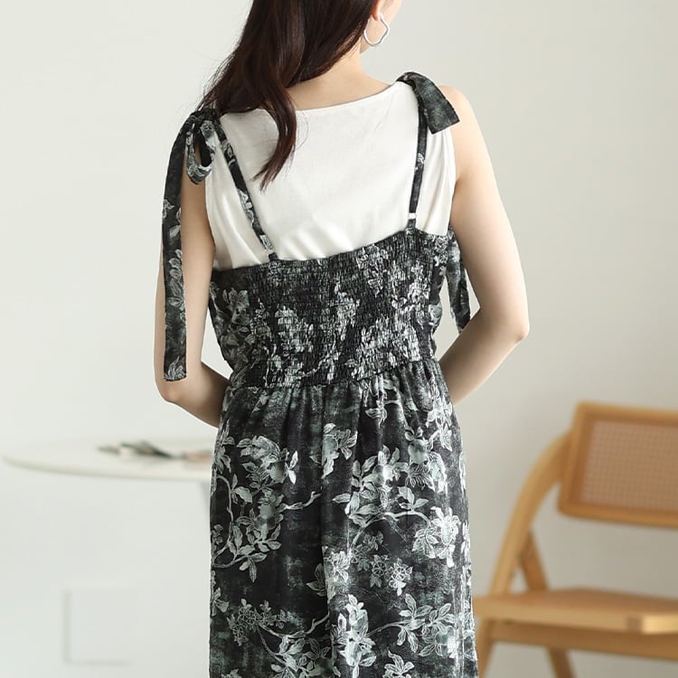 大きいサイズ レディース 花柄シフォン肩リボンキャミワンピース