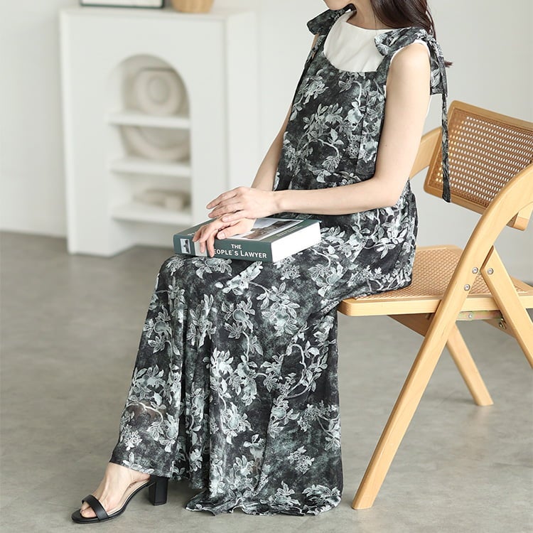 大きいサイズ レディース 花柄シフォン肩リボンキャミワンピース