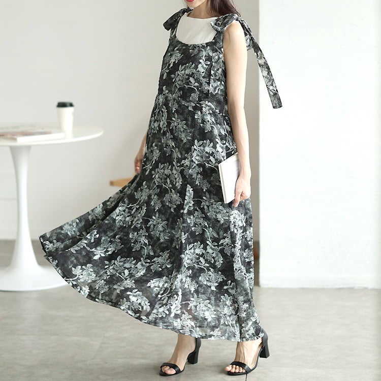 大きいサイズ レディース 花柄シフォン肩リボンキャミワンピース