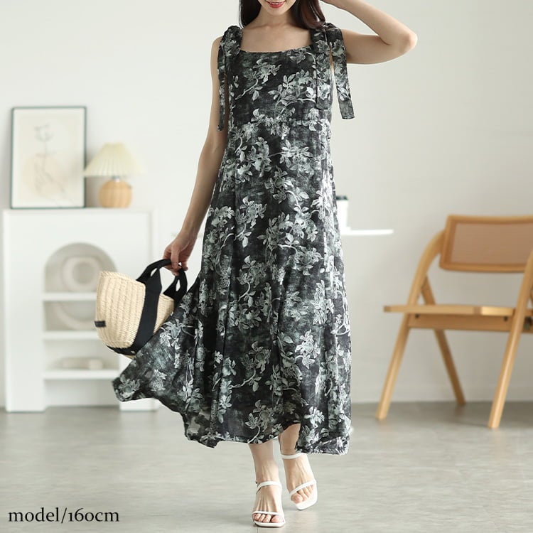 大きいサイズ レディース 花柄シフォン肩リボンキャミワンピース
