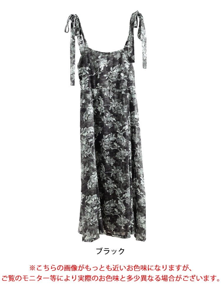 大きいサイズ レディース 花柄シフォン肩リボンキャミワンピース