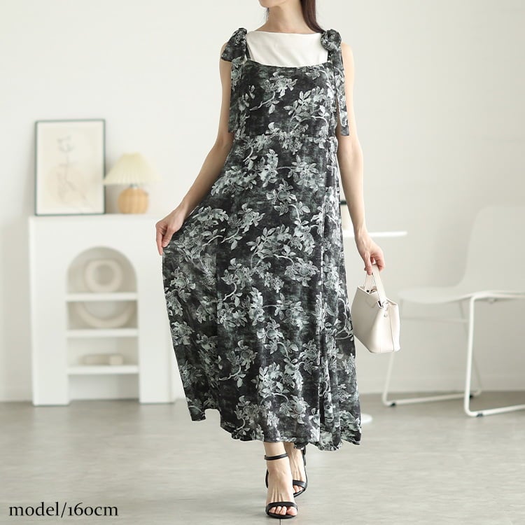 大きいサイズ レディース 花柄シフォン肩リボンキャミワンピース ブラック
