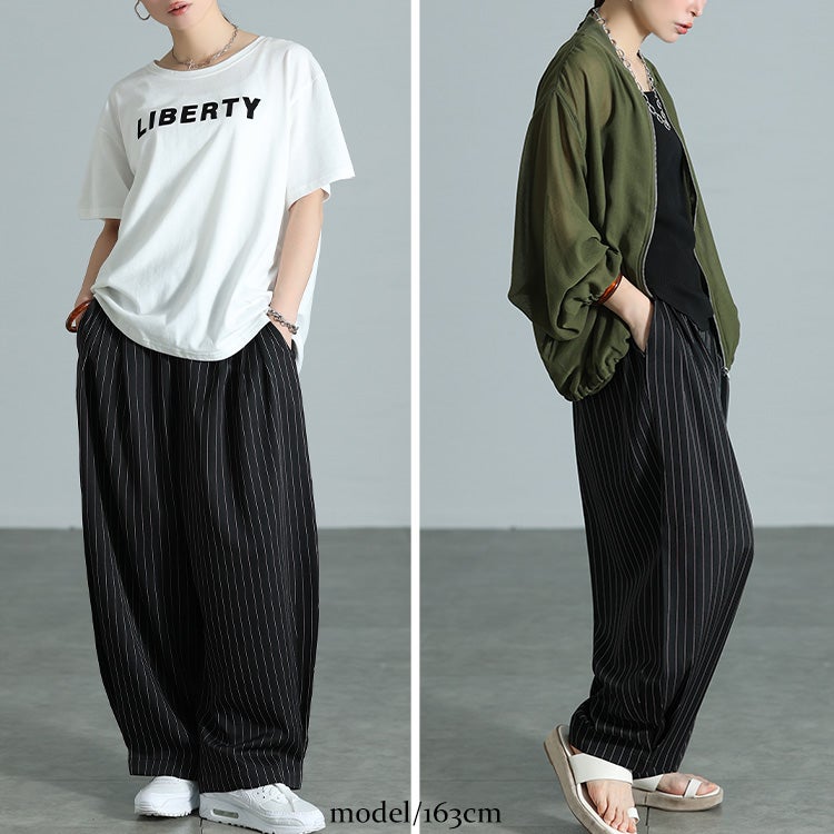 大きいサイズ レディース ストライプ変形タックワイドパンツ