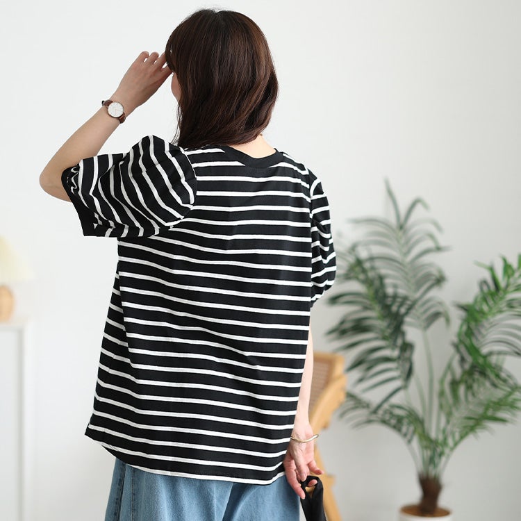 大きいサイズ レディース コットンボーダーパフスリーブTシャツ