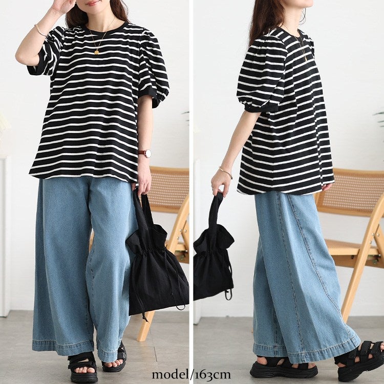 大きいサイズ レディース コットンボーダーパフスリーブTシャツ