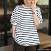 大きいサイズ レディース コットンボーダーパフスリーブTシャツ オフ×ブラック