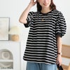 大きいサイズ レディース コットンボーダーパフスリーブTシャツ ブラック×オフ