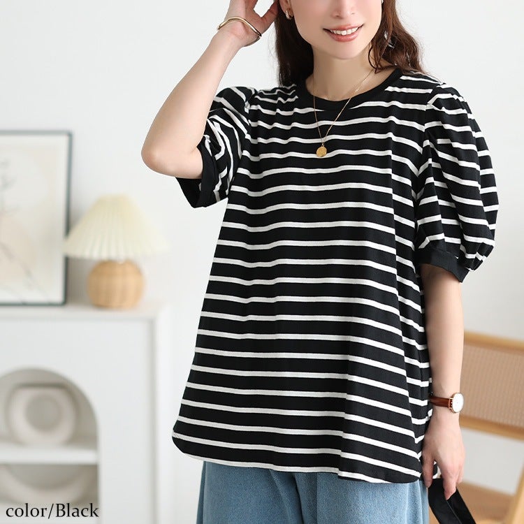 大きいサイズ レディース コットンボーダーパフスリーブTシャツ ブラック×オフ