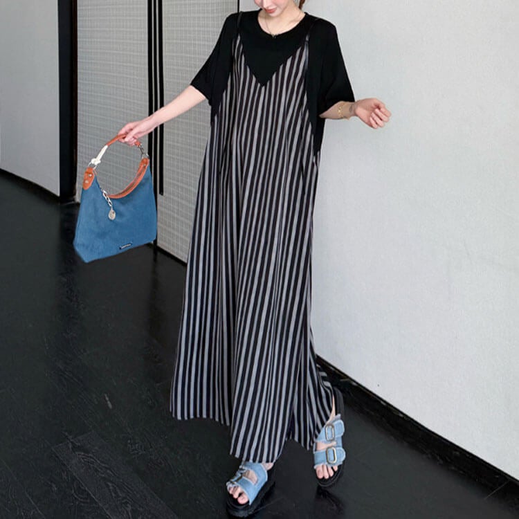 大きいサイズ レディース ストライプキャミ重ね着風ワンピース